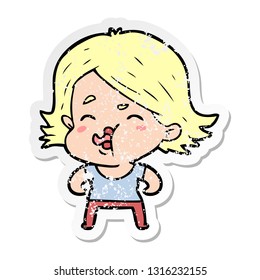 distressed sticker of a cartoon girl pulling face