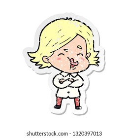 distressed sticker of a cartoon girl pulling face