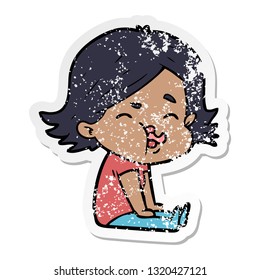 distressed sticker of a cartoon girl pulling face