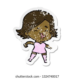 distressed sticker of a cartoon girl pulling face