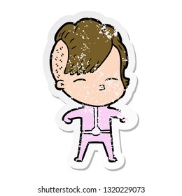 distressed sticker of a cartoon girl wearing futuristic clothes