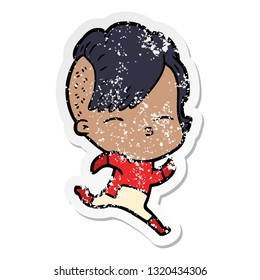 distressed sticker of a cartoon girl wearing futuristic clothes