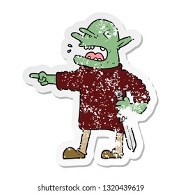 distressed sticker of a cartoon goblin with knife