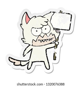 distressed sticker of a cartoon grinning fox with protest sign