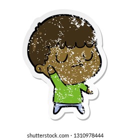 distressed sticker of a cartoon grumpy boy