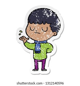 distressed sticker of a cartoon grumpy boy