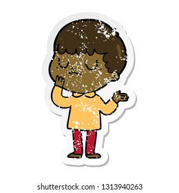 pegatina angustiada de un niño gruñón de caricatura