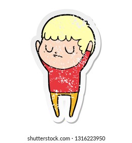 distressed sticker of a cartoon grumpy boy