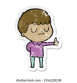 distressed sticker of a cartoon grumpy boy