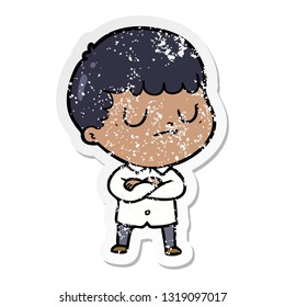 distressed sticker of a cartoon grumpy boy