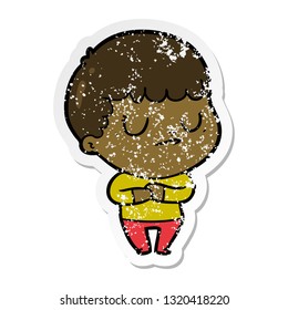 distressed sticker of a cartoon grumpy boy
