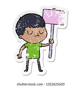 distressed sticker of a cartoon grumpy boy with placard