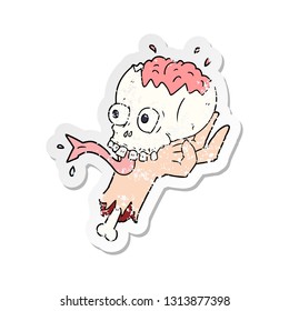 distressed sticker of a cartoon halloween skull in zombie hand