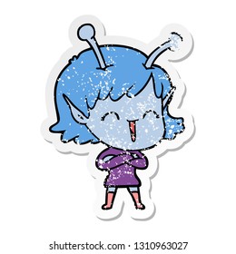 distressed sticker of a cartoon happy alien girl