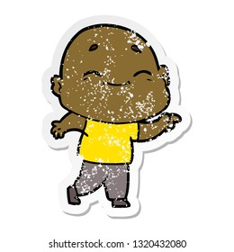 distressed sticker of a cartoon happy bald man