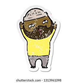 distressed sticker of a cartoon happy bearded man