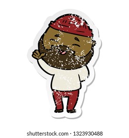 distressed sticker of a cartoon happy bearded man