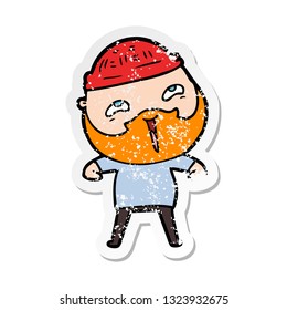distressed sticker of a cartoon happy bearded man