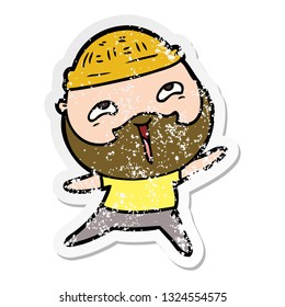 distressed sticker of a cartoon happy bearded man