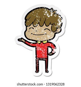 distressed sticker of a cartoon happy boy