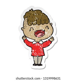 distressed sticker of a cartoon happy boy laughing