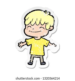 distressed sticker of a cartoon happy boy