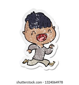 distressed sticker of a cartoon happy boy laughing and running away