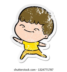 distressed sticker of a cartoon happy boy