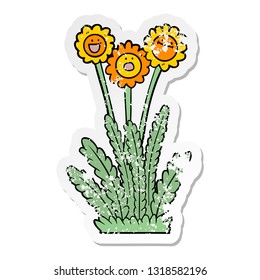distressed sticker of a cartoon happy flowers