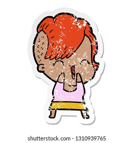 distressed sticker of a cartoon happy hipster girl