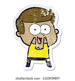 distressed sticker of a cartoon happy man