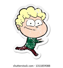 distressed sticker of a cartoon happy man