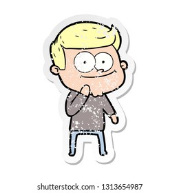 distressed sticker of a cartoon happy man