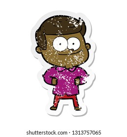 distressed sticker of a cartoon happy man