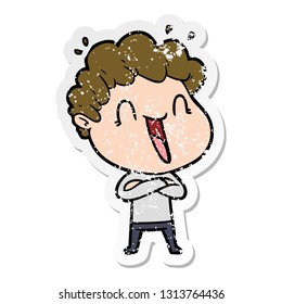 distressed sticker of a cartoon happy man laughing