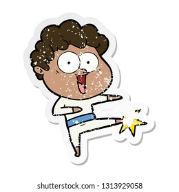 distressed sticker of a cartoon happy man