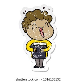 distressed sticker of a cartoon happy man