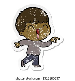 distressed sticker of a cartoon happy man