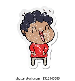 distressed sticker of a cartoon happy man