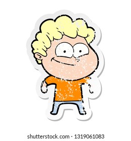 distressed sticker of a cartoon happy man