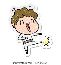 distressed sticker of a cartoon happy man