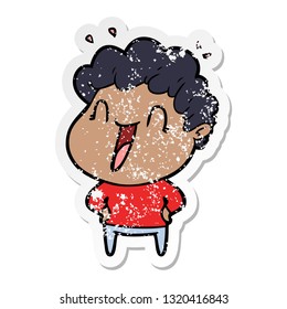 distressed sticker of a cartoon happy man