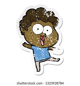 distressed sticker of a cartoon happy man