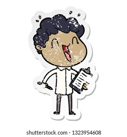distressed sticker of a cartoon happy man