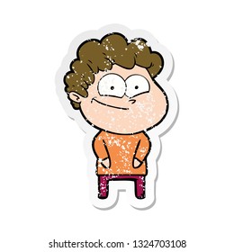 distressed sticker of a cartoon happy man