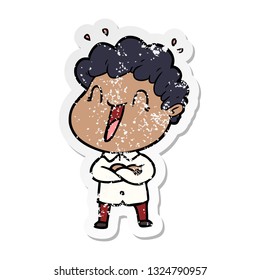 distressed sticker of a cartoon happy man