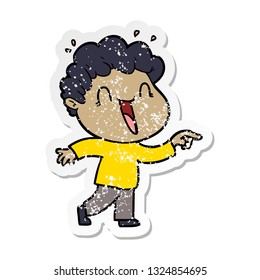 distressed sticker of a cartoon happy man