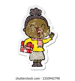 distressed sticker of a cartoon happy old woman