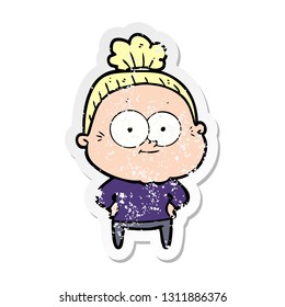 distressed sticker of a cartoon happy old woman