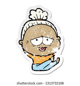 distressed sticker of a cartoon happy old lady